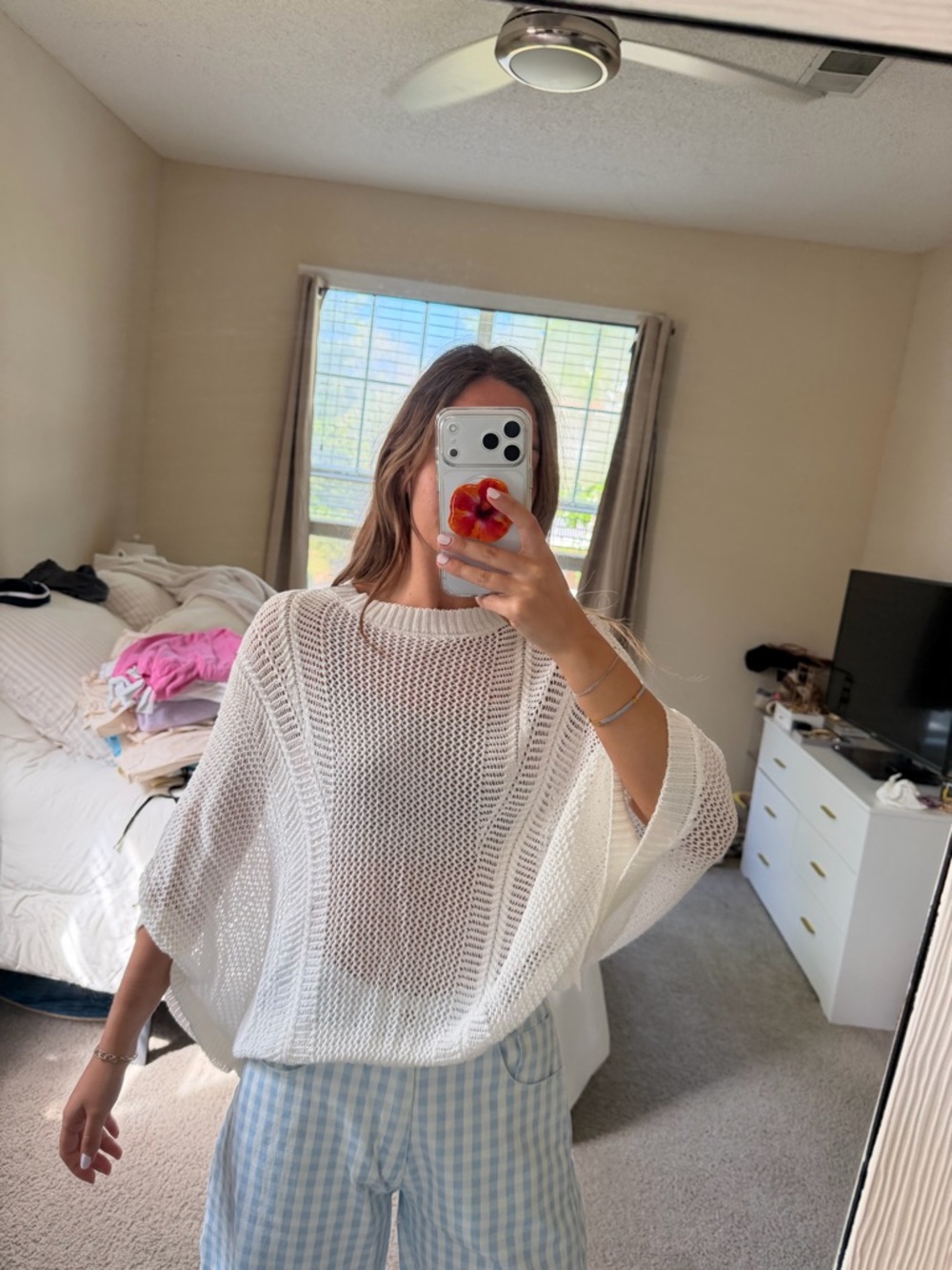 DAVI & DANI White Sheer Knit Batwing Top